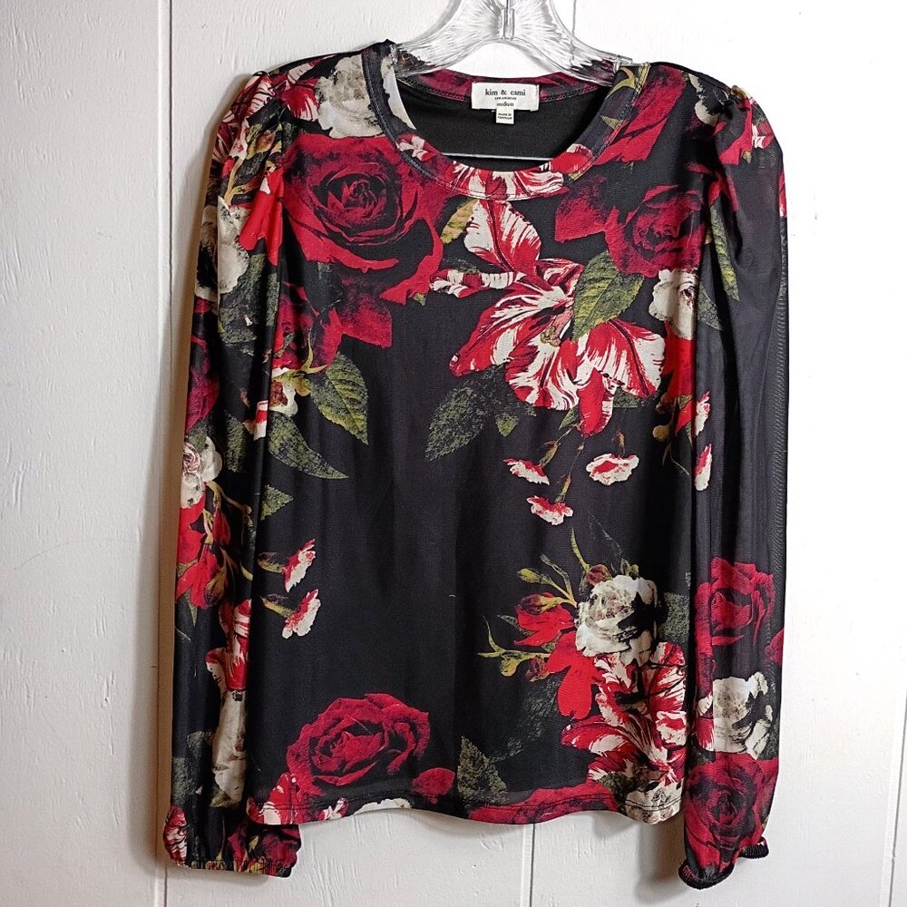 Kim & Cami Black Red Rose Semi Sheer Top Womens M Gothic Romance Dark Vampire